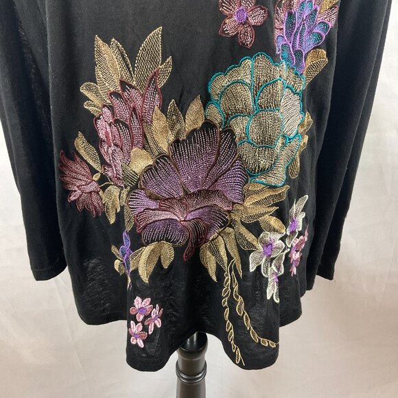 Aratta Silent Gourney Top XL Black Embroidered Purple Green Blue Floral - Picture 5 of 13
